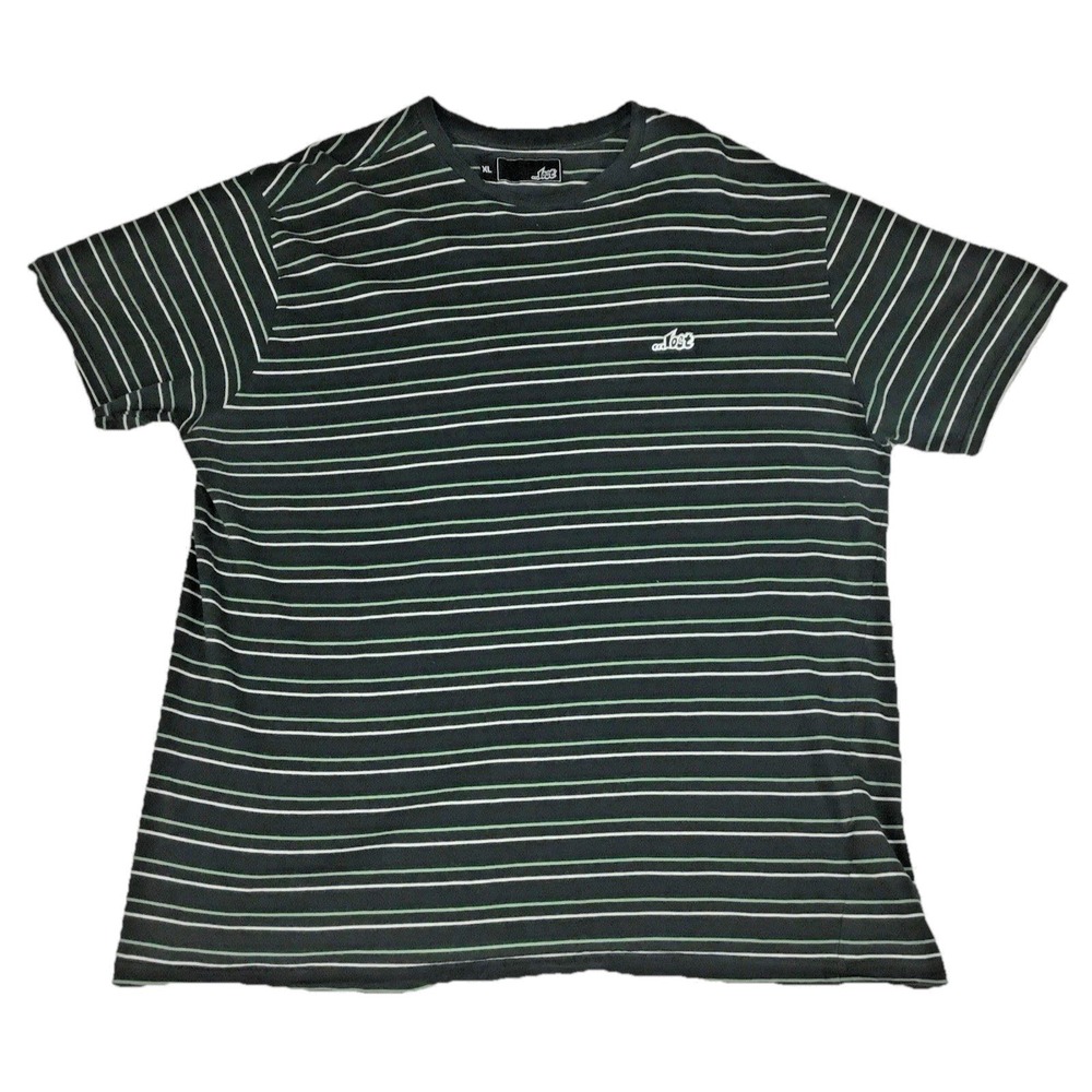 Lost‎ Enterprises Mens XL Striped T-Shirt Black Green White Embroidered Logo Tee